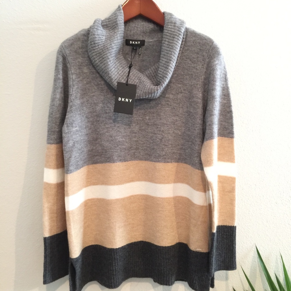 DKNY Striped Cowl Neck Sweater Nude Neutral Preppy Classic